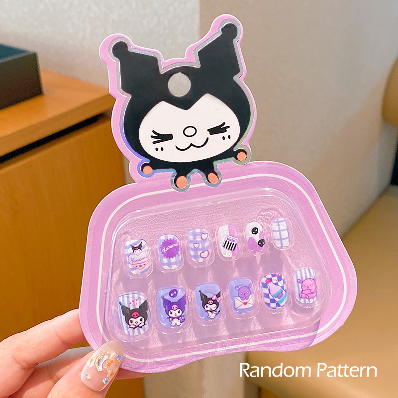 3D Rhinestones Sanrio Hello Kitty, Kuromi, My Melody Kids Press-On Nails with Bows, Self-Adhesive Nail Stickers