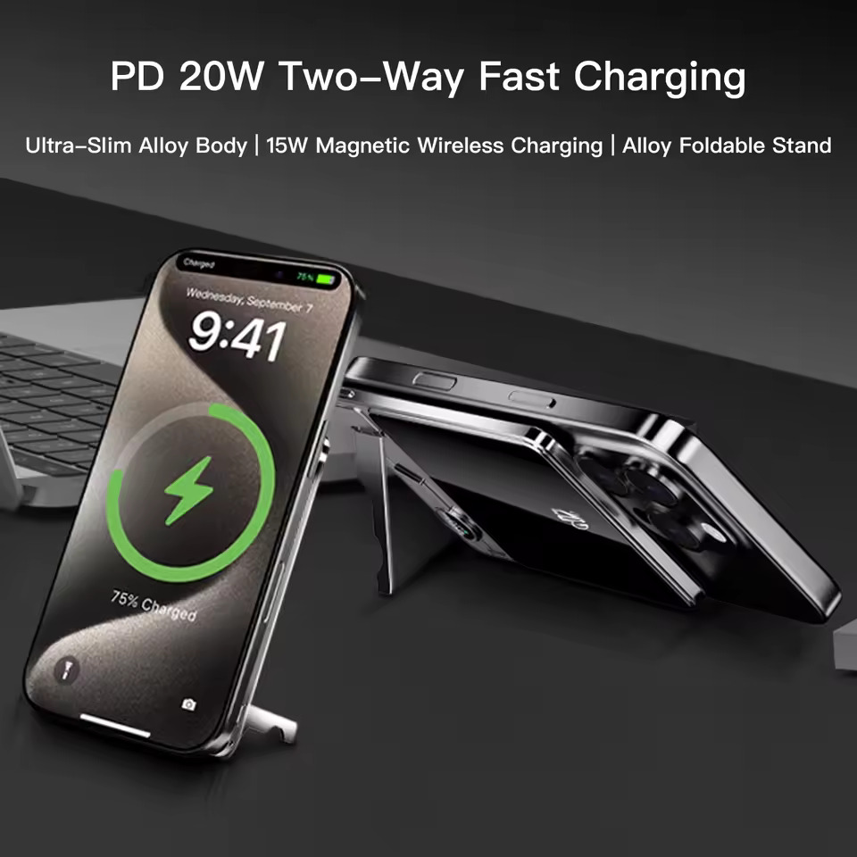 Wireless Fast Charging Power Bank, Ultra-thin Magnetic Portable Battery