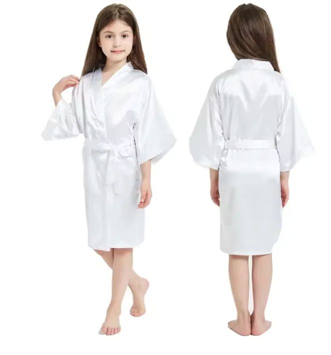 Girls Pink Satin Silk Kimono Robe Kids Short Sleeve Bathrobe Summer Sleepwear Party Dress