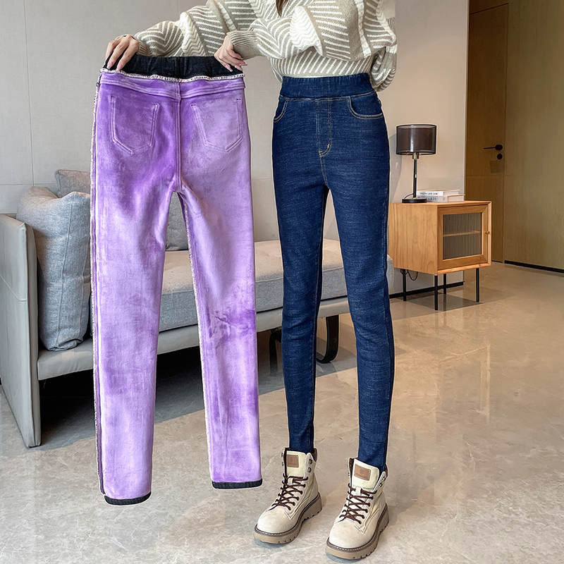 Womens Winter Jeans, Fleece Lined Slim Pencil Trousers, Elastic Waist Velvet Mom Denim Pants