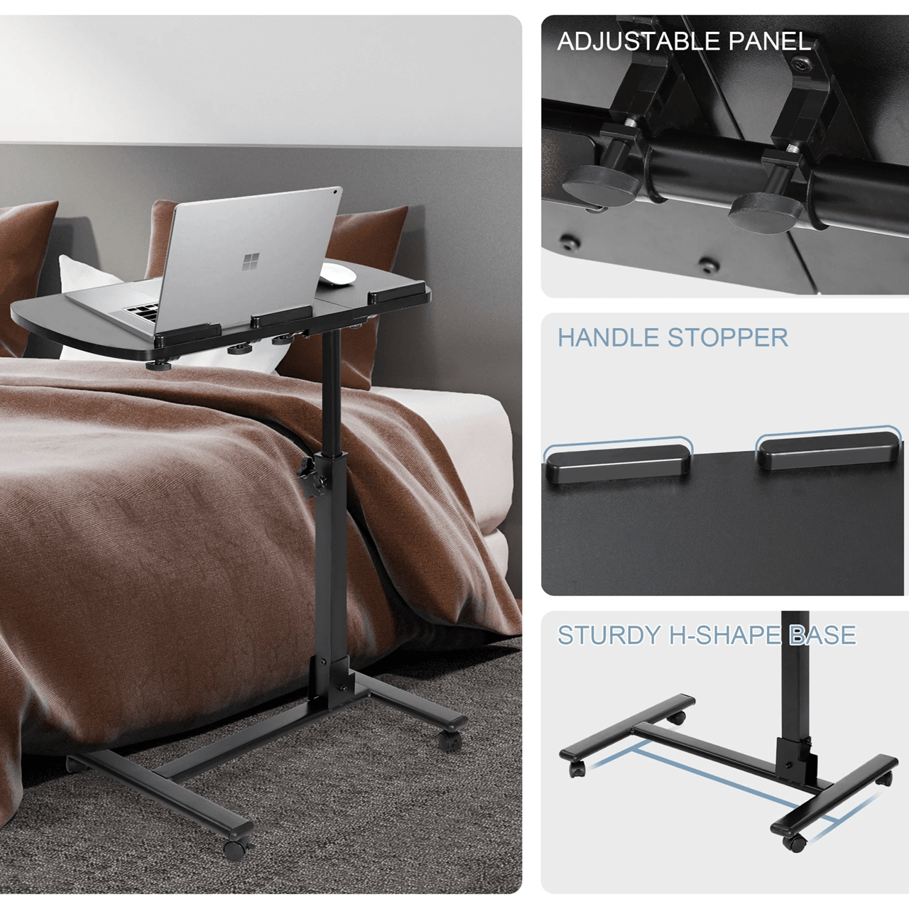 Adjustable Rolling Laptop Desk with Tilting Tabletop and Overbed Design