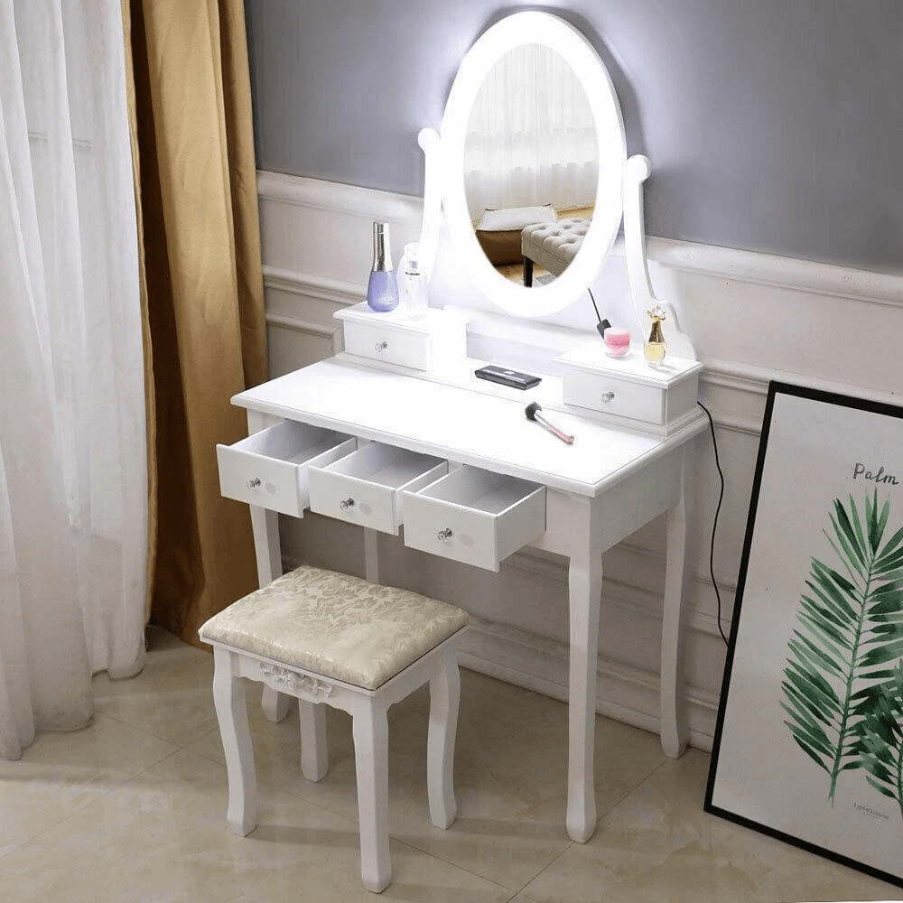 Vanity Table with LED Lights & 5 Drawers Modern Makeup Desk Set for Bedroom