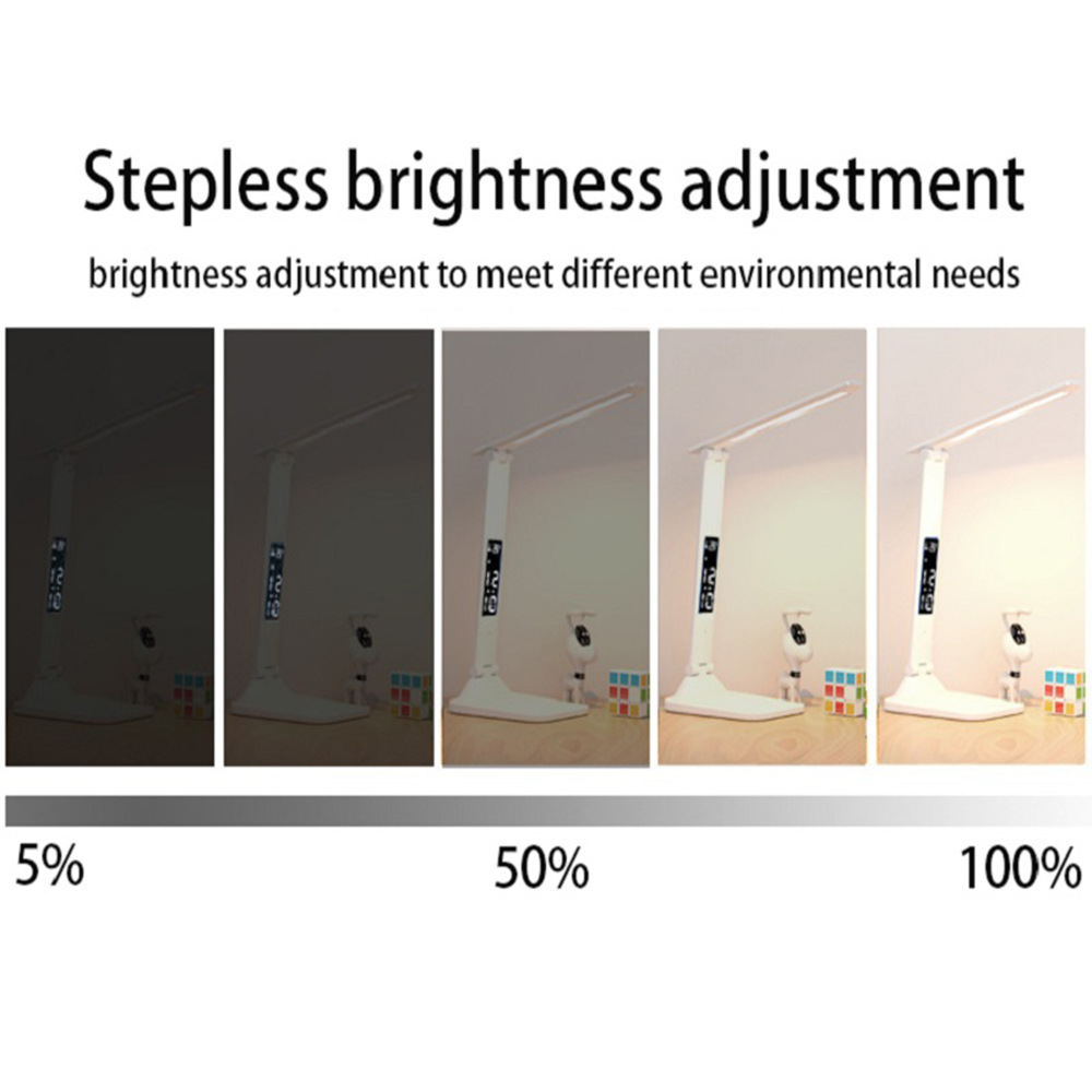 USB Folding Table Lamp, Dimmable LED Desk Lamp, Touch Control with Alarm Clock and Thermometer, Eye Protection Night