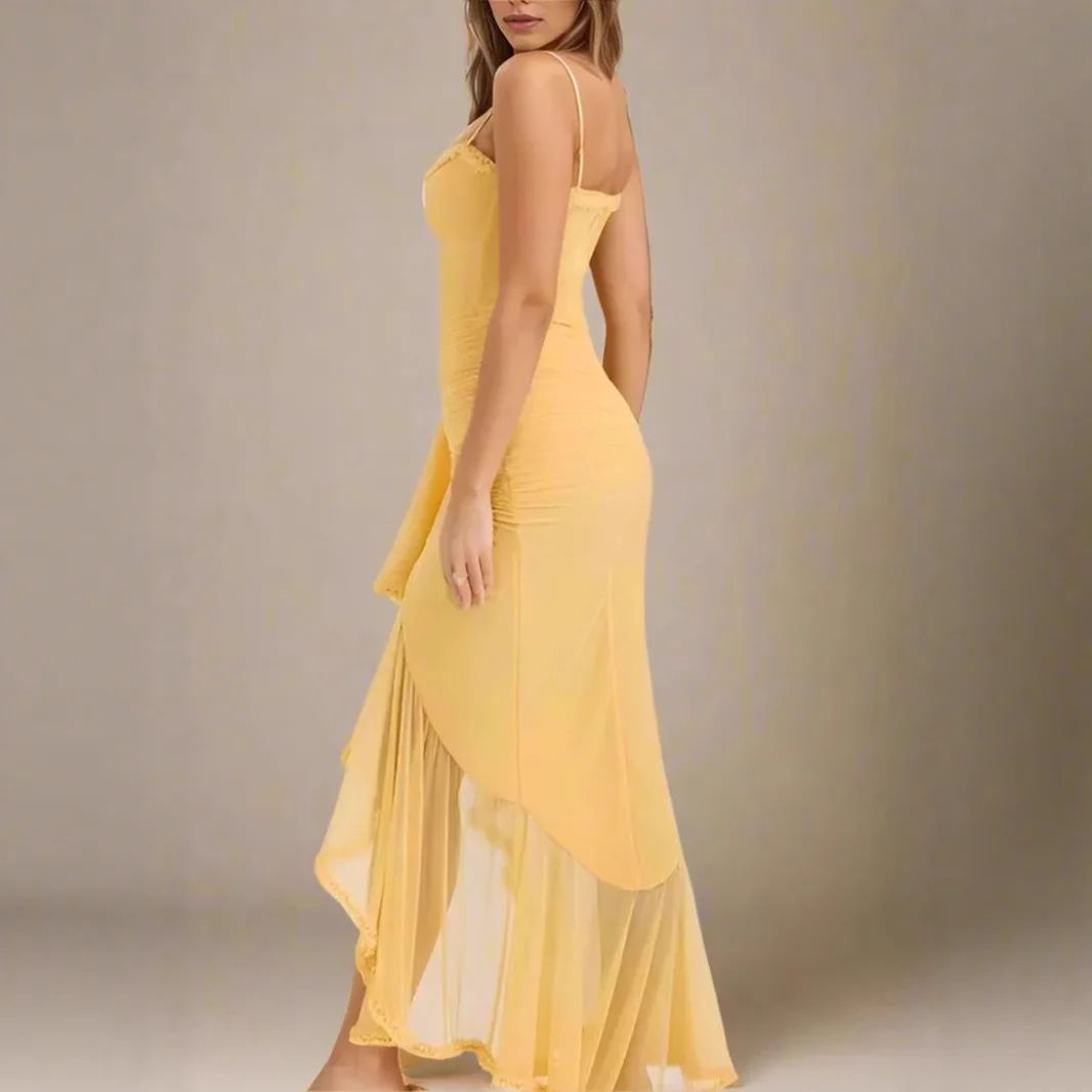 Elegant Ruched Mesh Camisole Dress – Ruffled Sleeveless Flowy Party Dress