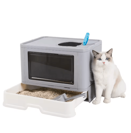 Foldable Enclosed Cat Litter Box with Top Exit Space Saving enclosed cat litter box with Scoop