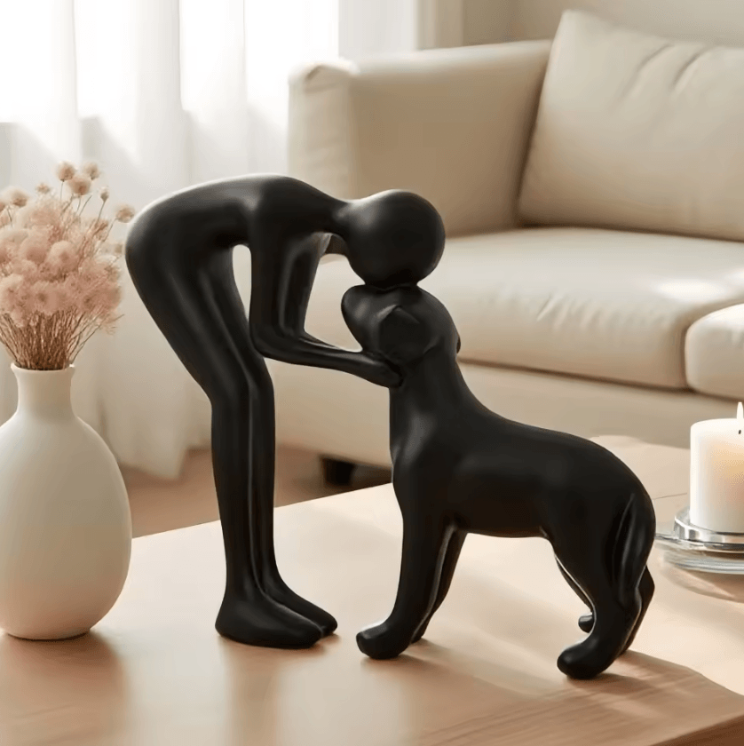 Elegant Black Dog & Owner Sculpture – Minimalist Resin Pet Lover Decor