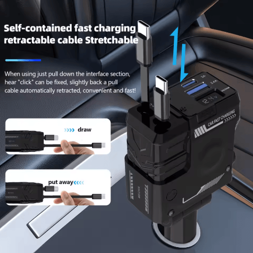 Retractable 4-in-1 Fast Charging Car Charging Cable & Adapter Universal Multi-Device Power Solution