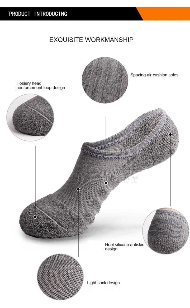 Mens Cotton Invisible Boat Socks with Anti Slip Heel 5 Pairs