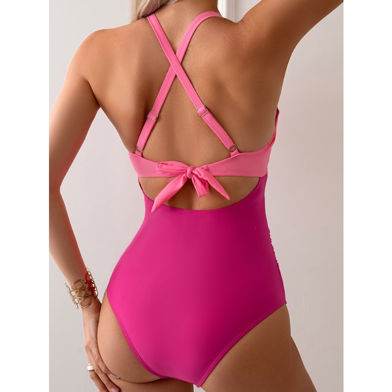 Fashion Cross Back Swimsuit Women, Sexy Solid Jumpsuit Bikini Set, Waist Hollowed Out Women Swimsuit