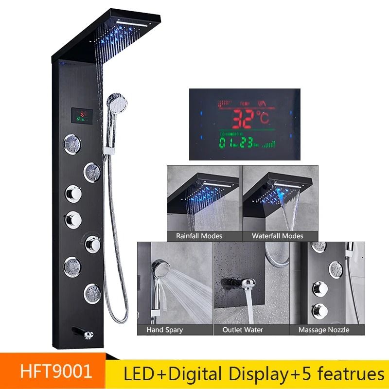 LED Rainfall Shower Panel with Digital Display and Massage Jets