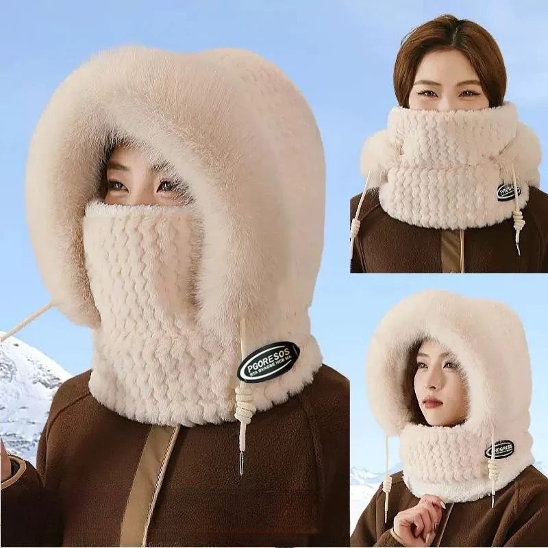 Women Thermal Plush Hood Hat Scarf Mask Set Windproof Winter Wear