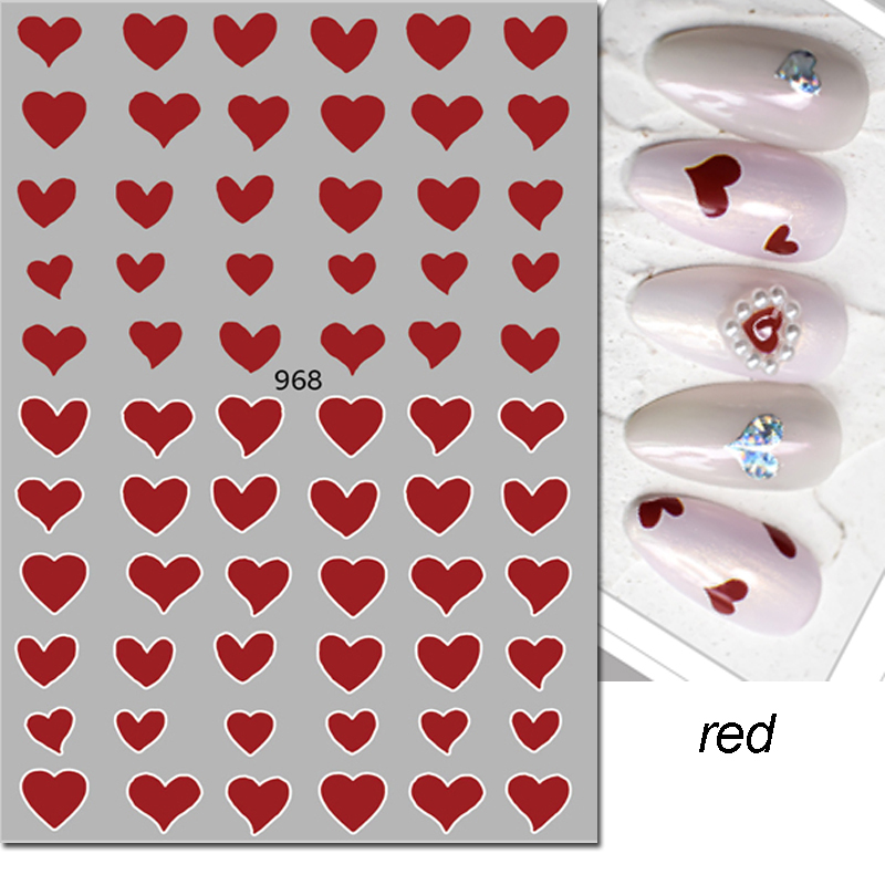 3D Nail Art Stickers, Red Black White Love Hearts, Stars Clouds French Full Adhesive Nail Decals Slider for Manicure
