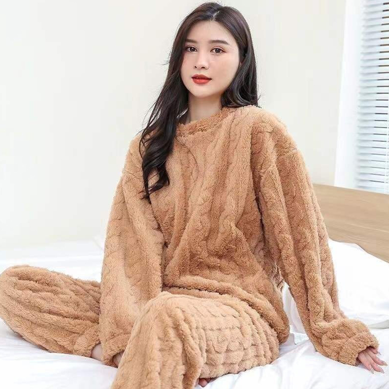 Women Casual Pajama Sets, Autumn Women Solid Warm Piece Sets, Thicken Velvet Ribbed Fleece Set Pullover and Pants