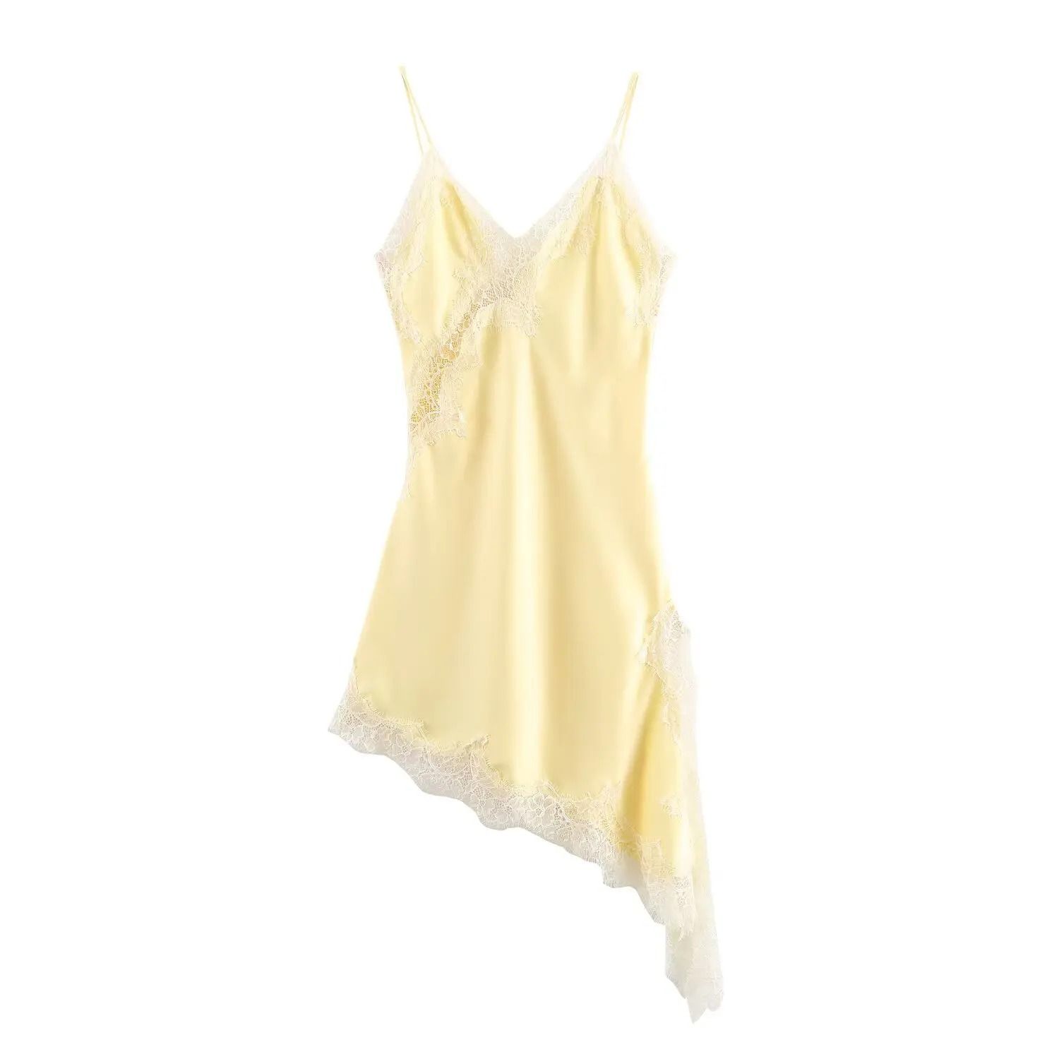 Women Fashion Sexy V Neck Lace Elegant Halter Dress Asymmetric Hem