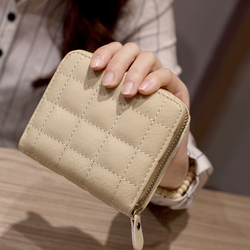 Womens Short PU Leather Wallet Plaid Nubuck Zipper Card Holder with Coin Purse for Ladies