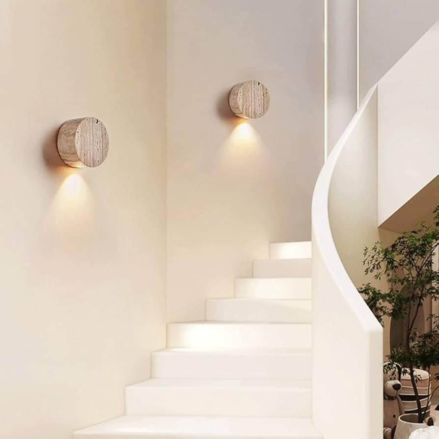Natural Yellow Travertine LED Wall Lamp, Wabi-Sabi Bedroom Light for Bedside, Living Room, Hallway & Staircase Ambiance