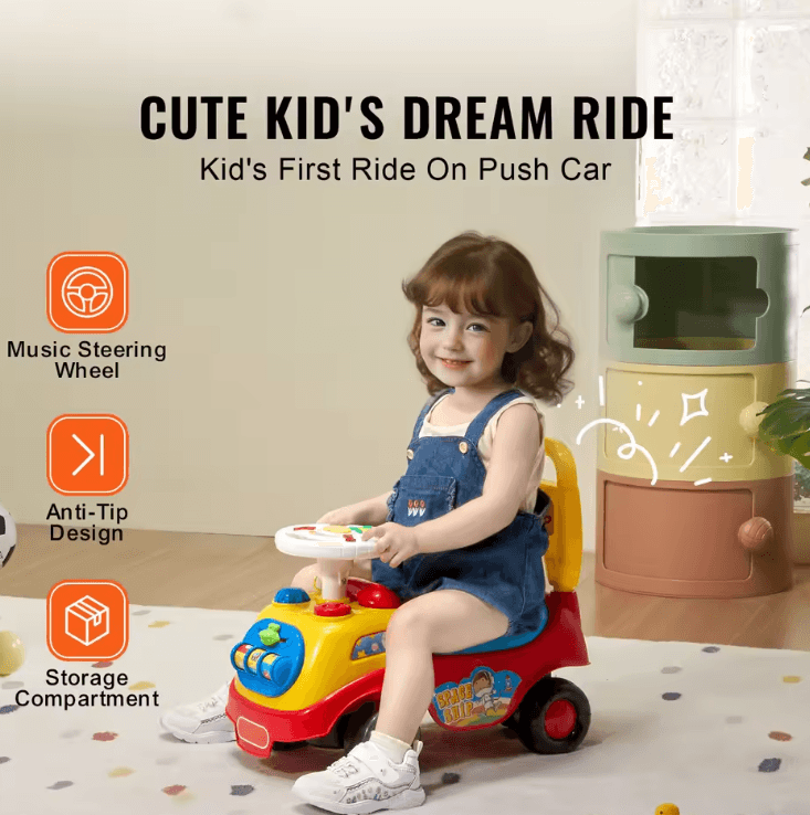 Toddler Ride-On Push Car with Music & Storage – Sit to Stand Learning Walker Toy
