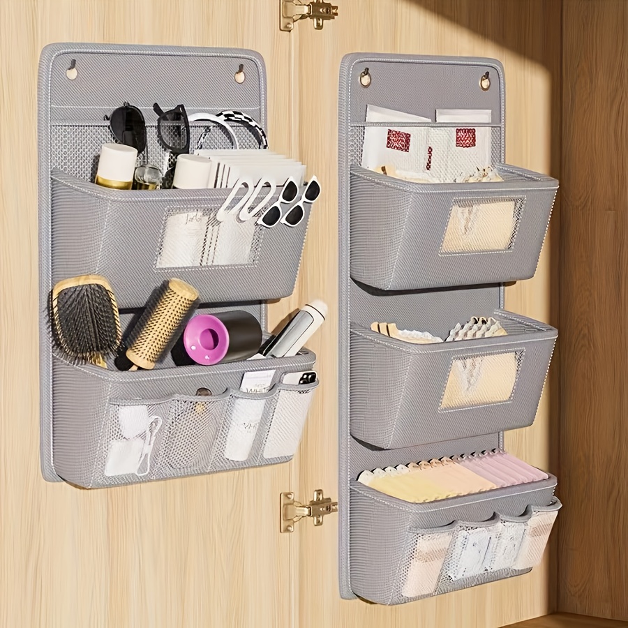 Multi-Compartment Fabric Hanging Bag, Versatile Gray Wall-Mounted Storage Organizer with Viewing Window Hooks for Office