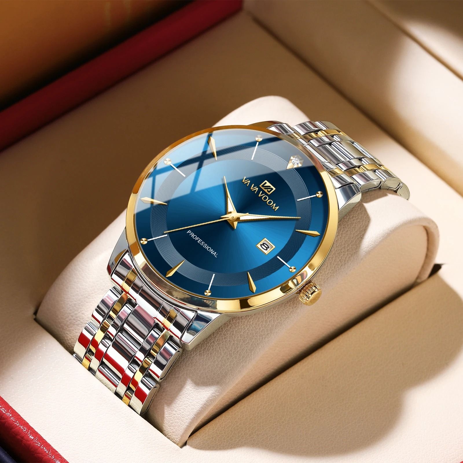 Mens Stainless Steel Rhinestone Business Watch 43mm Blue Gold Quartz
