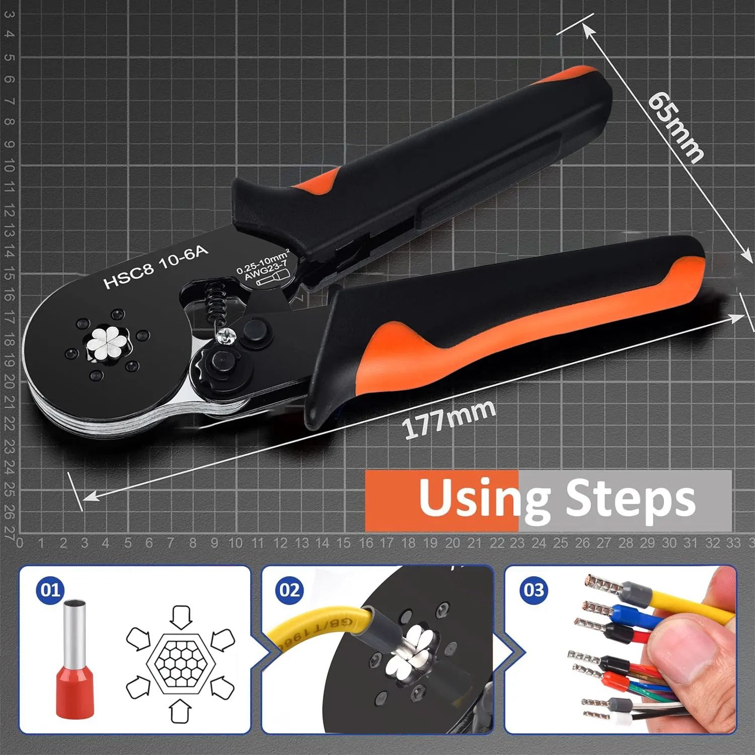 Hexagonal Ratchet Ferrule Crimping Tool Kit with Wire Terminals and Ferrule Sleeves