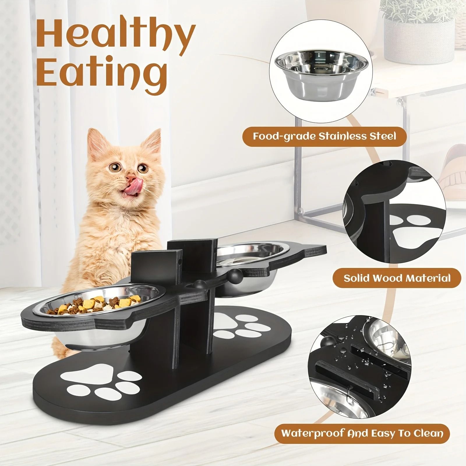 Elevated Tilted Cat Food Bowls with Wooden Stand and Stainless Steel Bowls