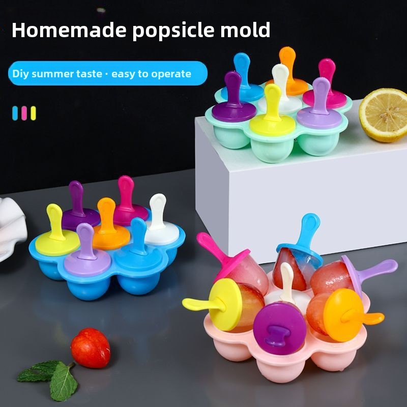 Food Grade 7-Hole Creative Spherical Popsicle Mold with Handle, Cute Ice Cream Ice Cube Mold for Children, DIY Home Use