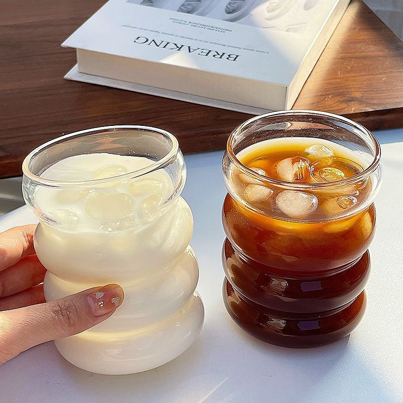 Creative Wave Shape Iced Coffee Tumbler Cup, Transparent Drinking Glass, Ripple Water Juice Milk Tea Mug