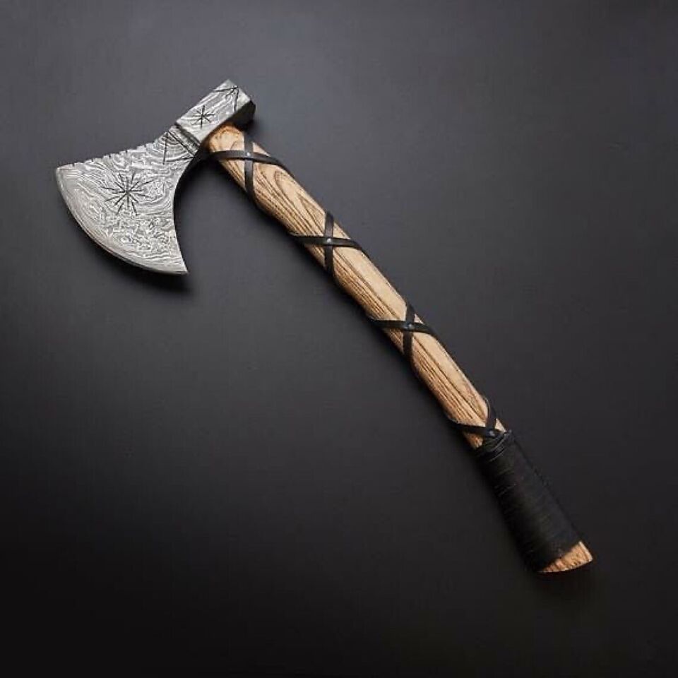 CUSTOM HAND FORGED DAMASCUS STEEL VIKING BEARDED CAMPING HATCHET TOMAHAWK AXE