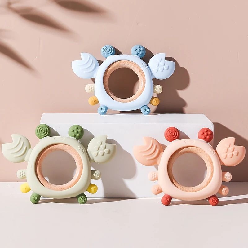 Silicone Crab Baby Teether with Natural Wooden Ring – BPA-Free Molar Toy