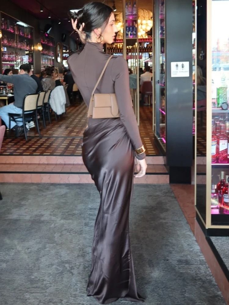 Elegant Turtleneck Satin Hollow Out Maxi Dress