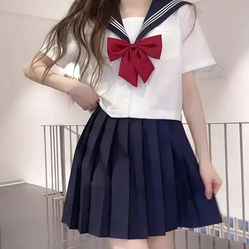 Women's Japanese JK Sailor School Uniform Set – Classic Long Sleeve Anime Cosplay Outfit with Red Tie