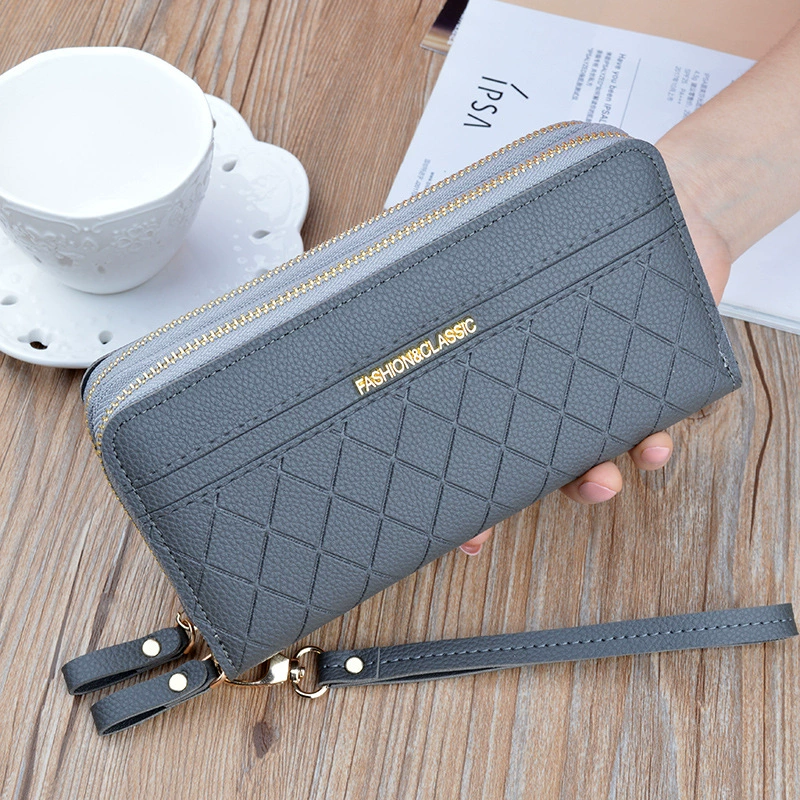 Womens PU Leather Double Zipper Wallet Clutch Large Capacity Wristlet Phone Purse & Card Holder with Money Clip