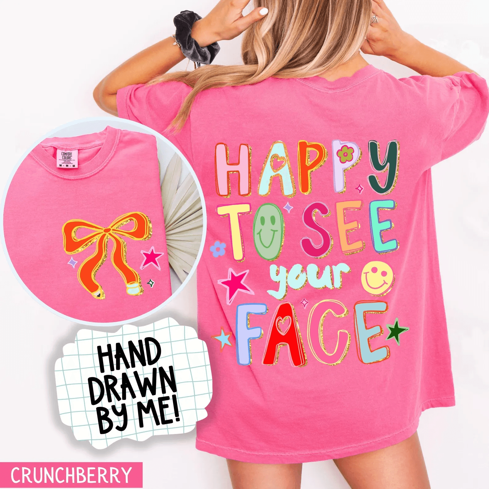 Comfort Colors Happy To See Your Face Teacher Shirt | Coquette Bow Personalized Teacher Appreciation Tee