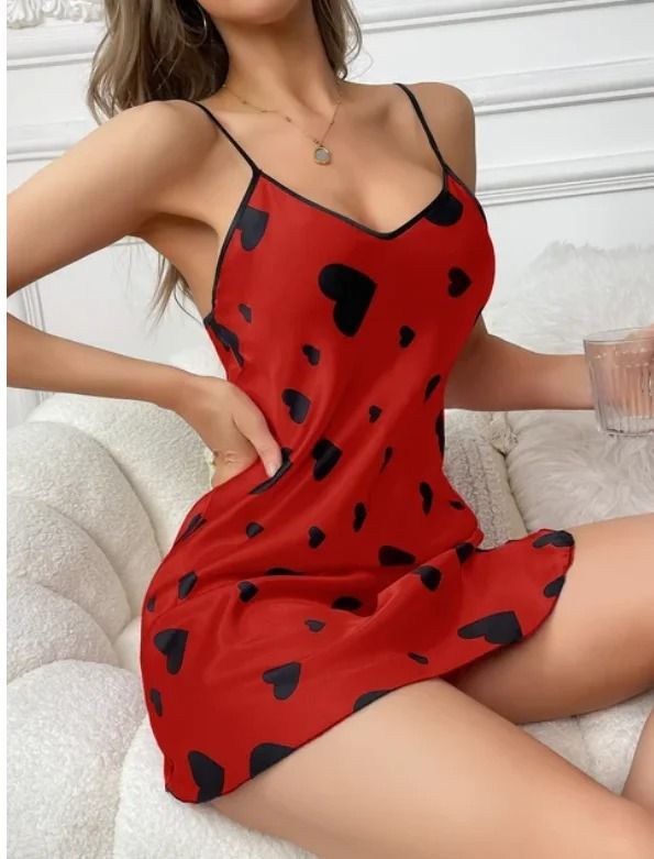 Elegant Heart-Print Satin Nightdress – V-Neck Slip Loungewear