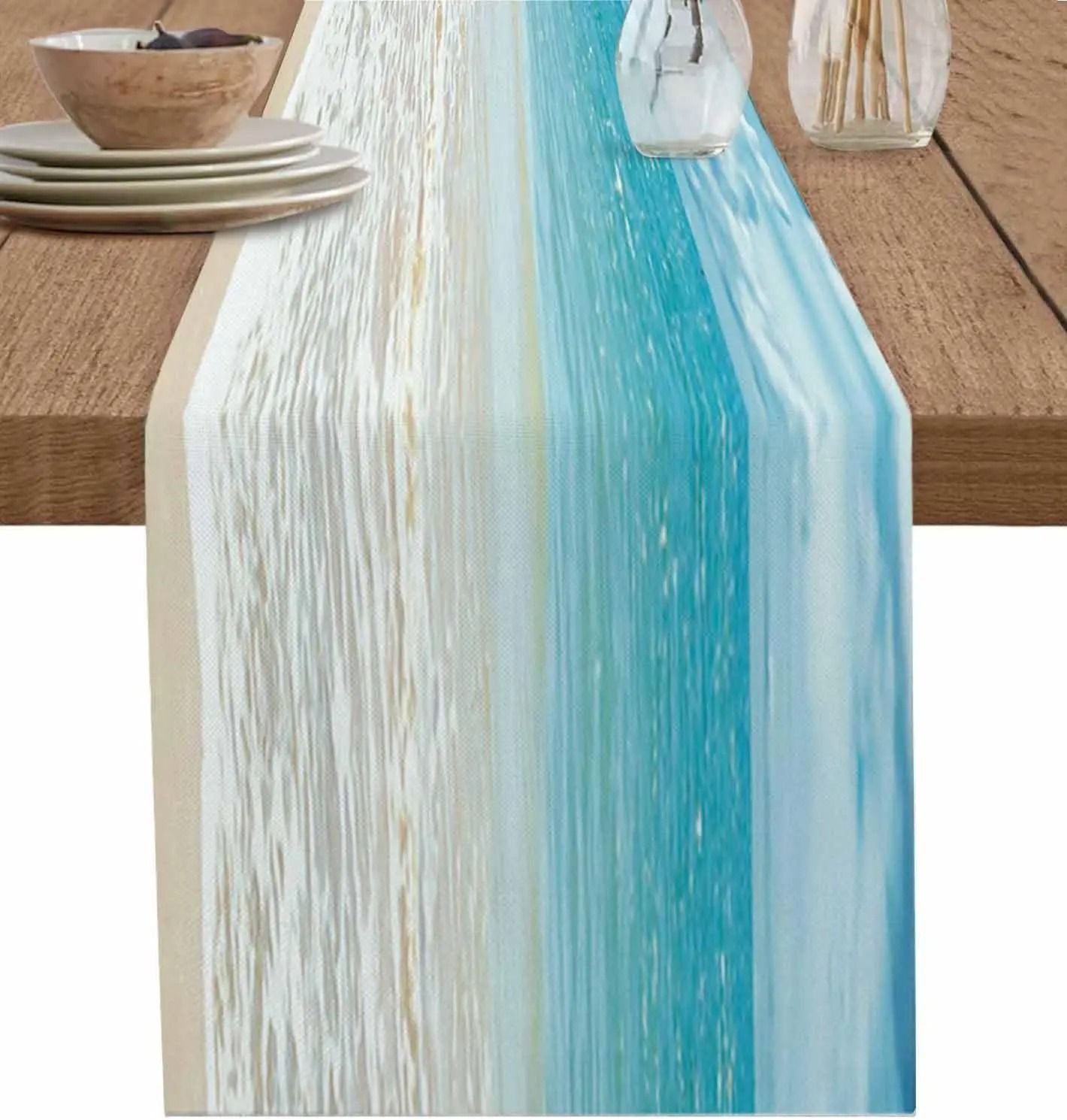 Summer Ocean Beach Linen Table Runner – Coastal Sea Water Table Decor for Farmhouse Kitchen & Dining Room