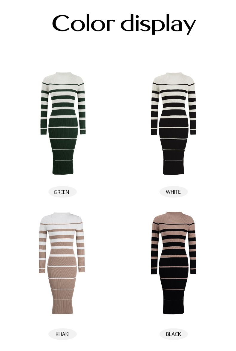 Striped Bodycon Dress Fall Holiday Vestido, Long Sleeve Knit Office Lady Elegant Dress