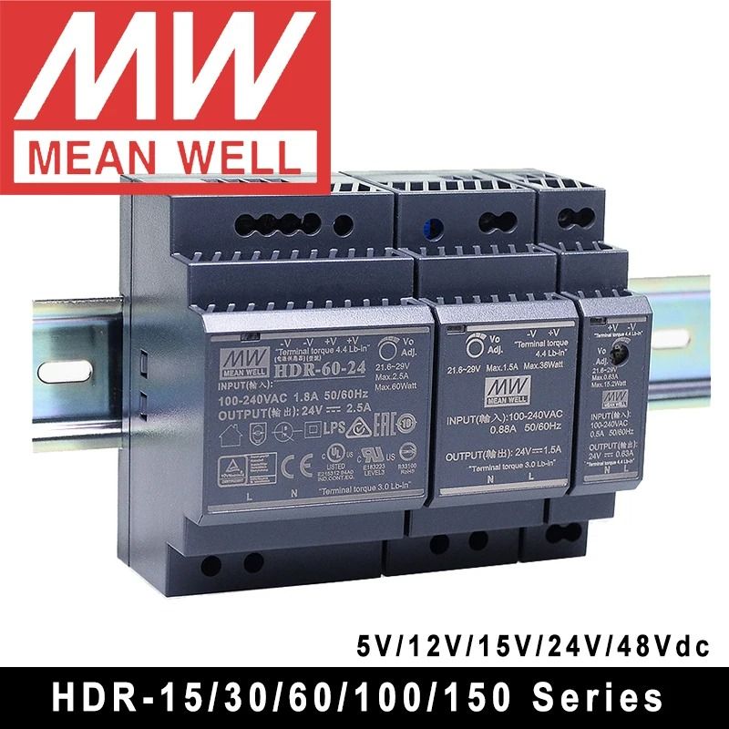 Mean Well HDR Series Ultra Slim DIN Rail Power Supply 15 to 150W Multi Voltage