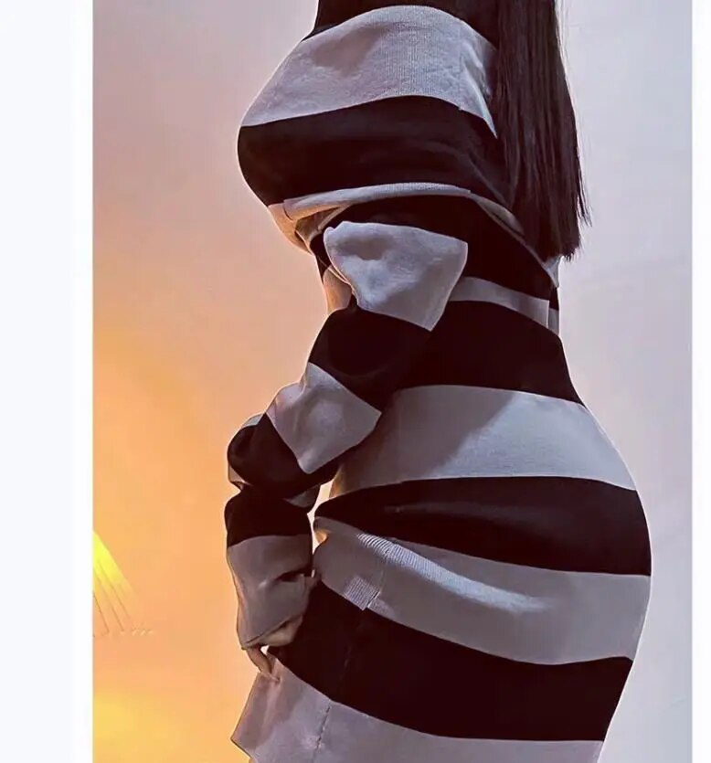 Women Striped Mini Bodycon Dress, Off Shoulder Boat-Neck, Long Sleeve, Wrapped Hip Party Dress for Spring and Autumn