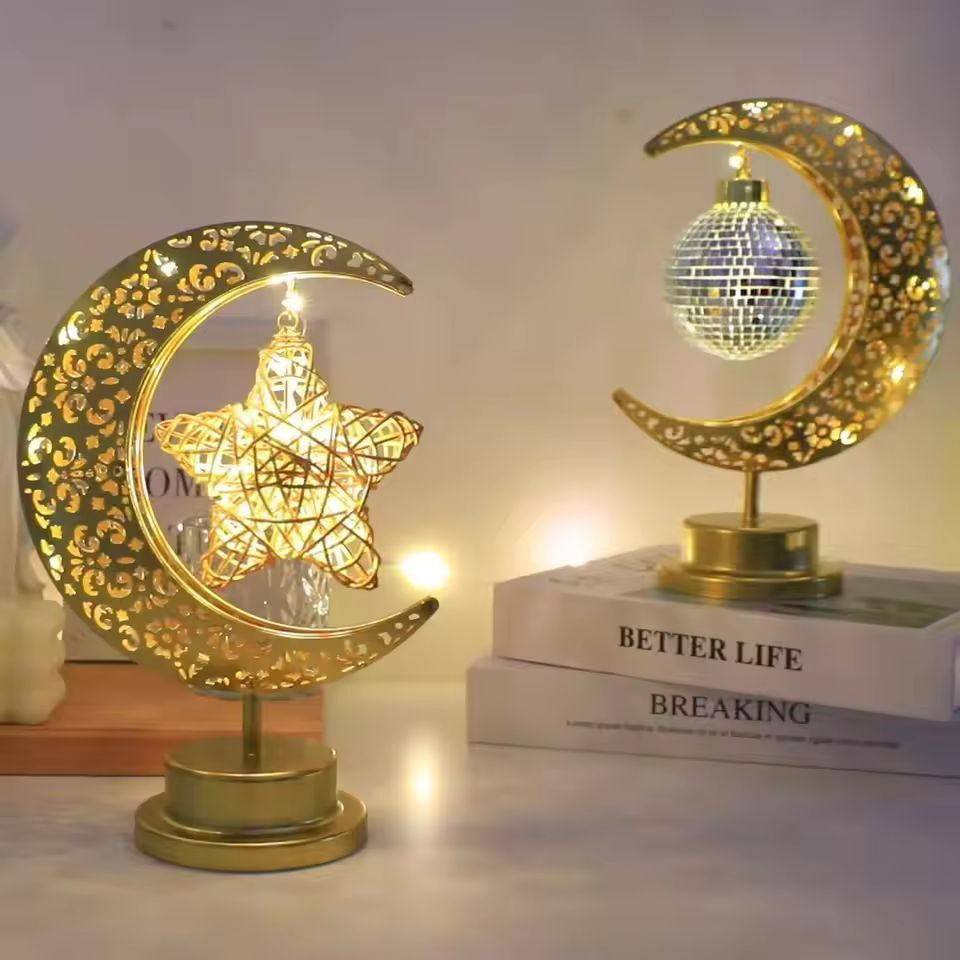 Elegant Iron Moon & Star Orb Table Lamp - LED Decorative Ambient Light