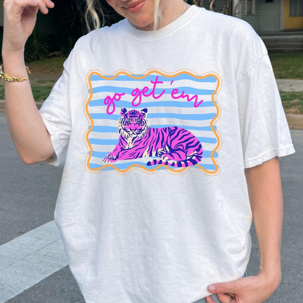 Comfort Colors 'Go Get Em' Tiger Shirt Colorful Retro Trendy Striped Tiger Tee