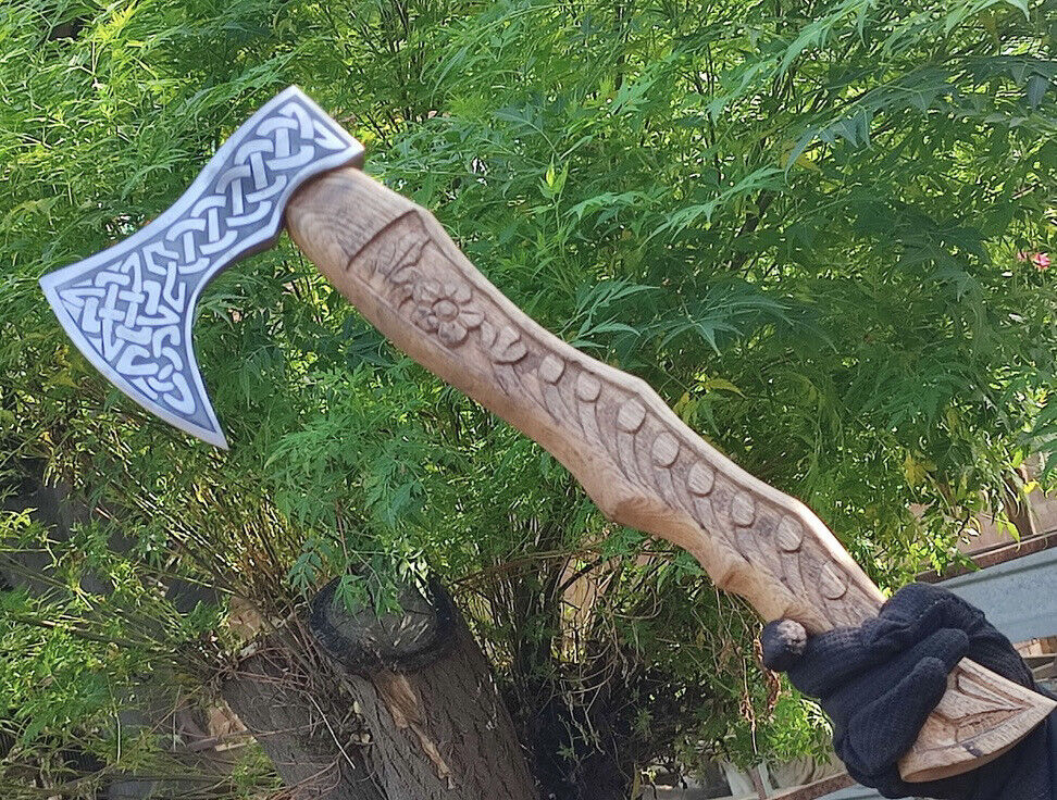 Handmade Rare Art Carbon Steel Blade Viking Throwing Axe - Carved Ashwood Handle