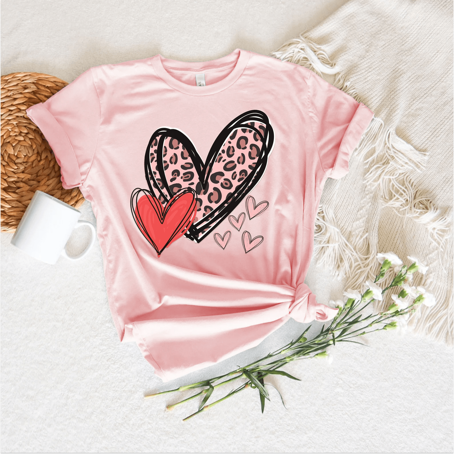 Leopard Heart Valentine Shirt Cute Doodle Heart Love Tee Womens Gift Top