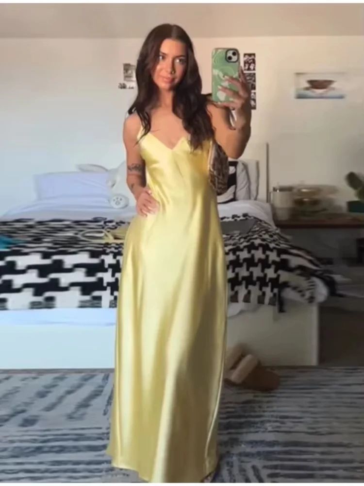 Sunlit Grace Yellow Satin V-Neck Maxi Dress – Elegant Sleeveless Summer Party Dress