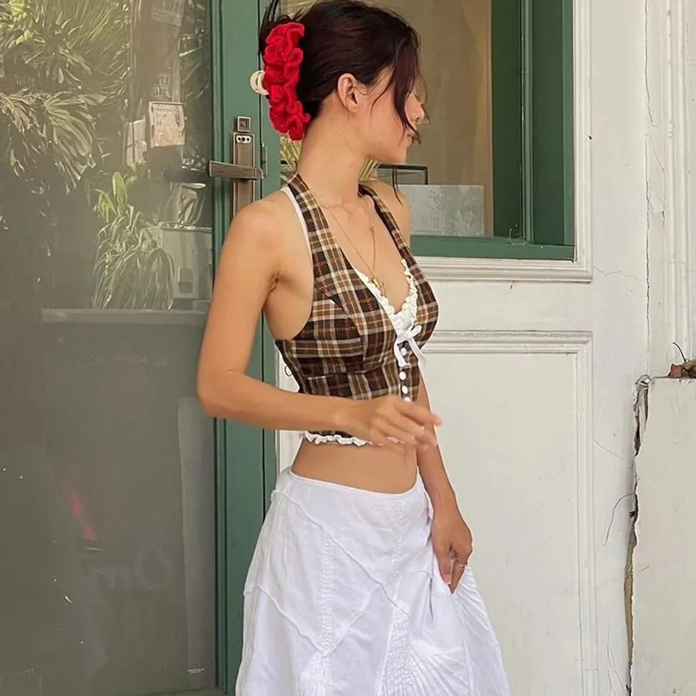 Womens Plaid Halterneck Backless Crop Top – V-Neck Lace Slim Bow Tank