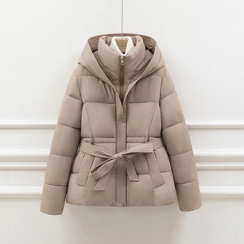 Womens Slimming Hooded Puffer Jacket | Belted Winter Cotton Coat
