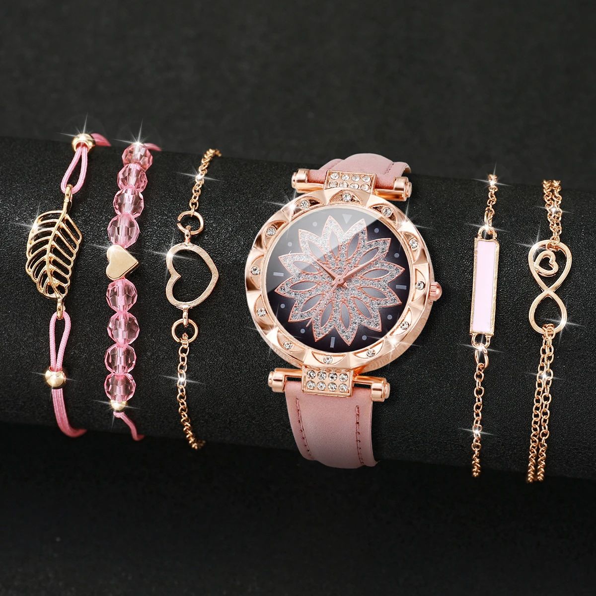 Heart Dial Leather Watch and Leaf Bracelet Set