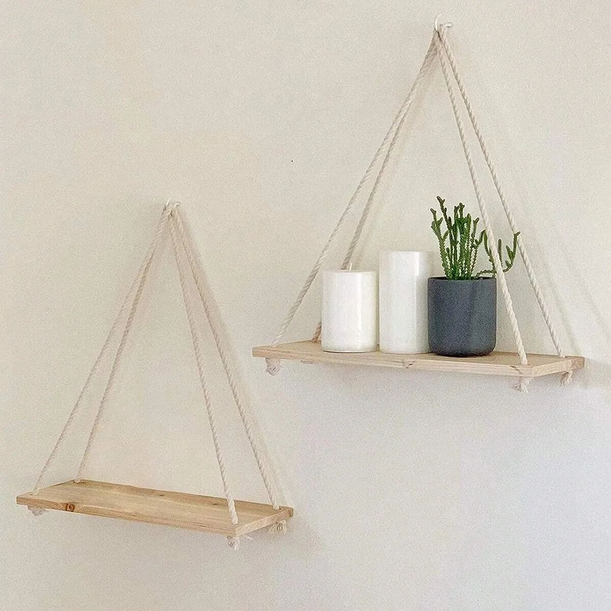 Boho Hanging Plant Shelf Wooden Wall Shelf with Rope - Wall Hanging Planter Display Rack