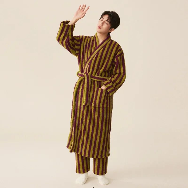 Thickened Flannel Robe & Pants Pajamas Set – Professional Autumn/Winter Striped Couples Home Clothes