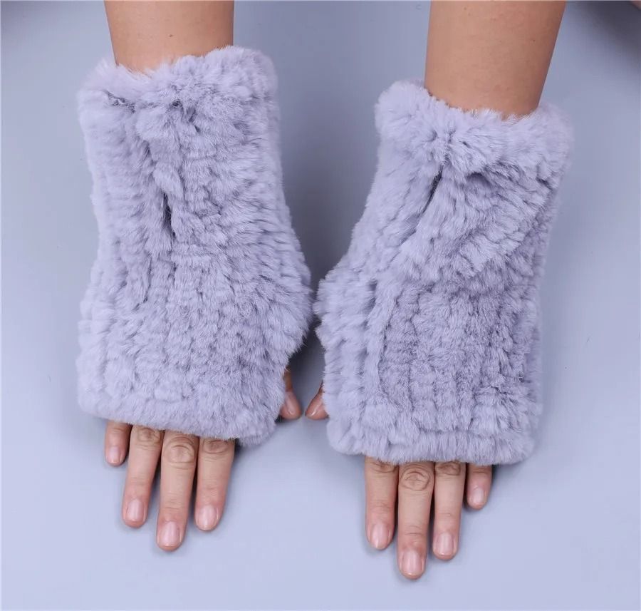 Luxury Rex Rabbit Fur Fingerless Gloves Fluffy Womens Winter Wrist Warmers
