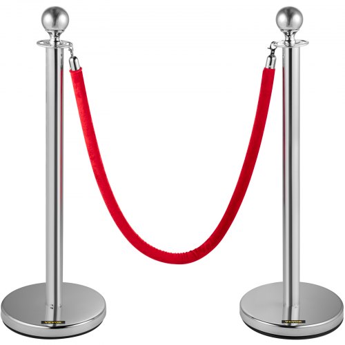 Retractable Crowd Control Barrier, 38 Inch Stainless Steel Stanchion Posts with Durable Red Velvet Rope (Silver)